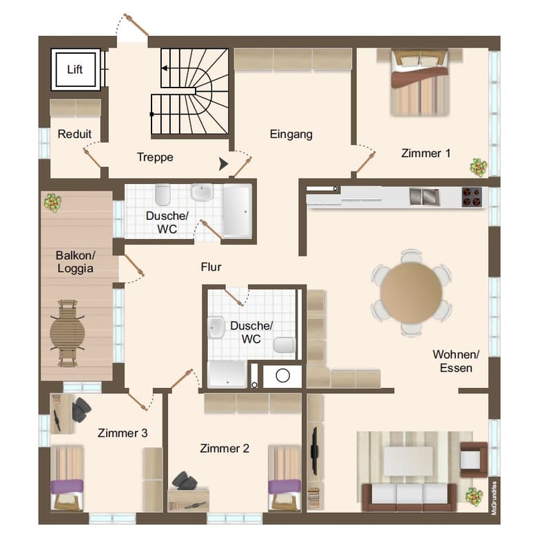 3 bedrooms, 2 bathrooms, living room, dining room, balcony, elevator