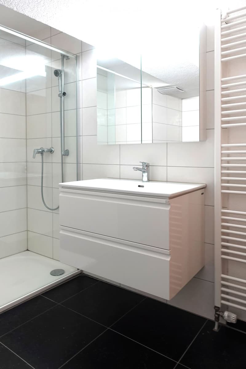 Modern bathroom with white tiles, black floor, white sink with mirror, glass shower enclosure, and radiator.