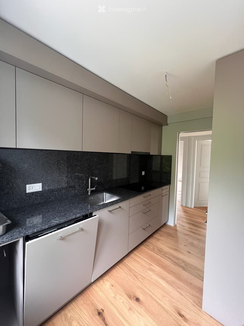 Modern kitchen with light grey cabinets, granite countertop, stainless steel sink, and dishwasher. Wooden flooring and open doorway to adjacent room.