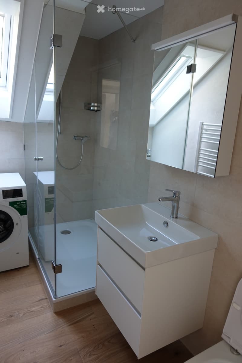 Modern bathroom with a white sink, chrome faucet, mirrored cabinet, glass-enclosed shower, and a washing machine.