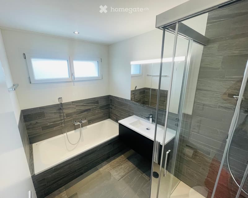 Modern bathroom with a bathtub, sink, and glass-enclosed shower stall. Features dark grey tiles and white walls.