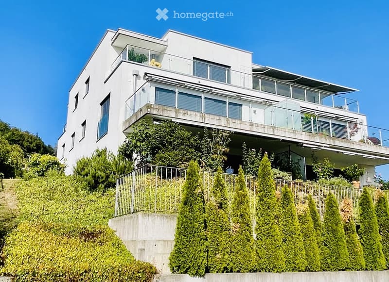 Modern white multi-story building with large windows and balconies, surrounded by greenery and trees.