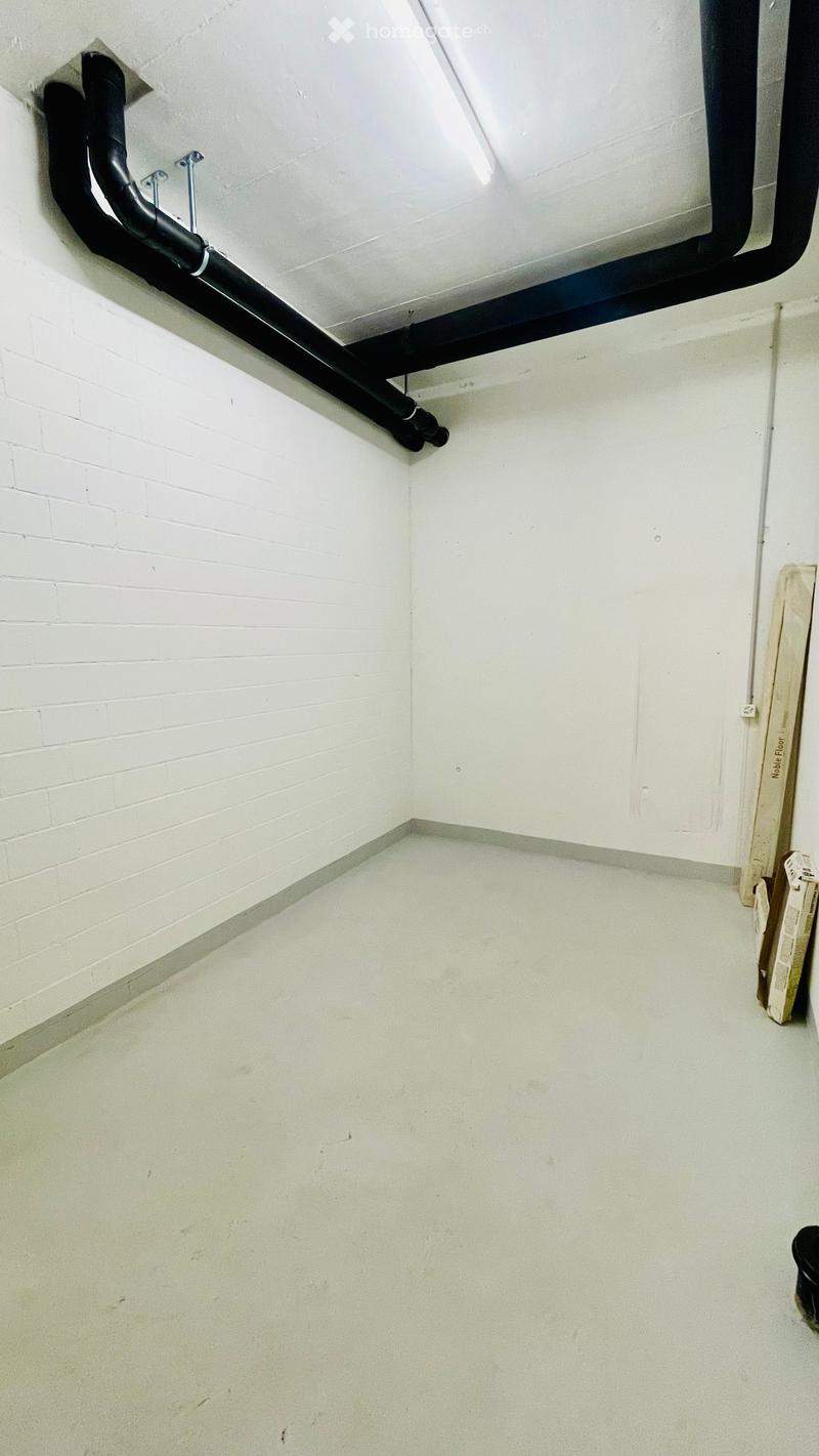 Empty room with white brick walls, concrete floor, and a skylight window in the ceiling. No furniture or equipment is present.