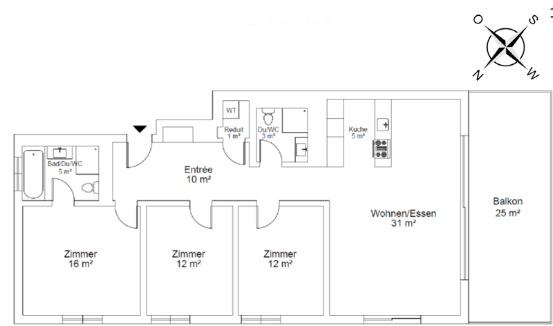 Floor plan of a 3-room apartment with a living/dining area, kitchen, three bedrooms, two bathrooms, and a balcony.