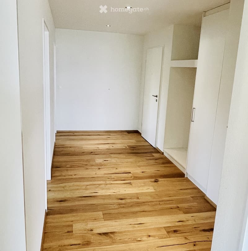 Empty hallway with light wooden flooring and white walls, featuring two doors and a small built-in cabinet on the right side.