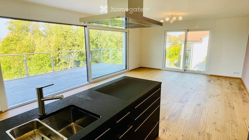 Modern kitchen with dark countertops, stainless steel sink, and large sliding glass doors leading to a balcony.