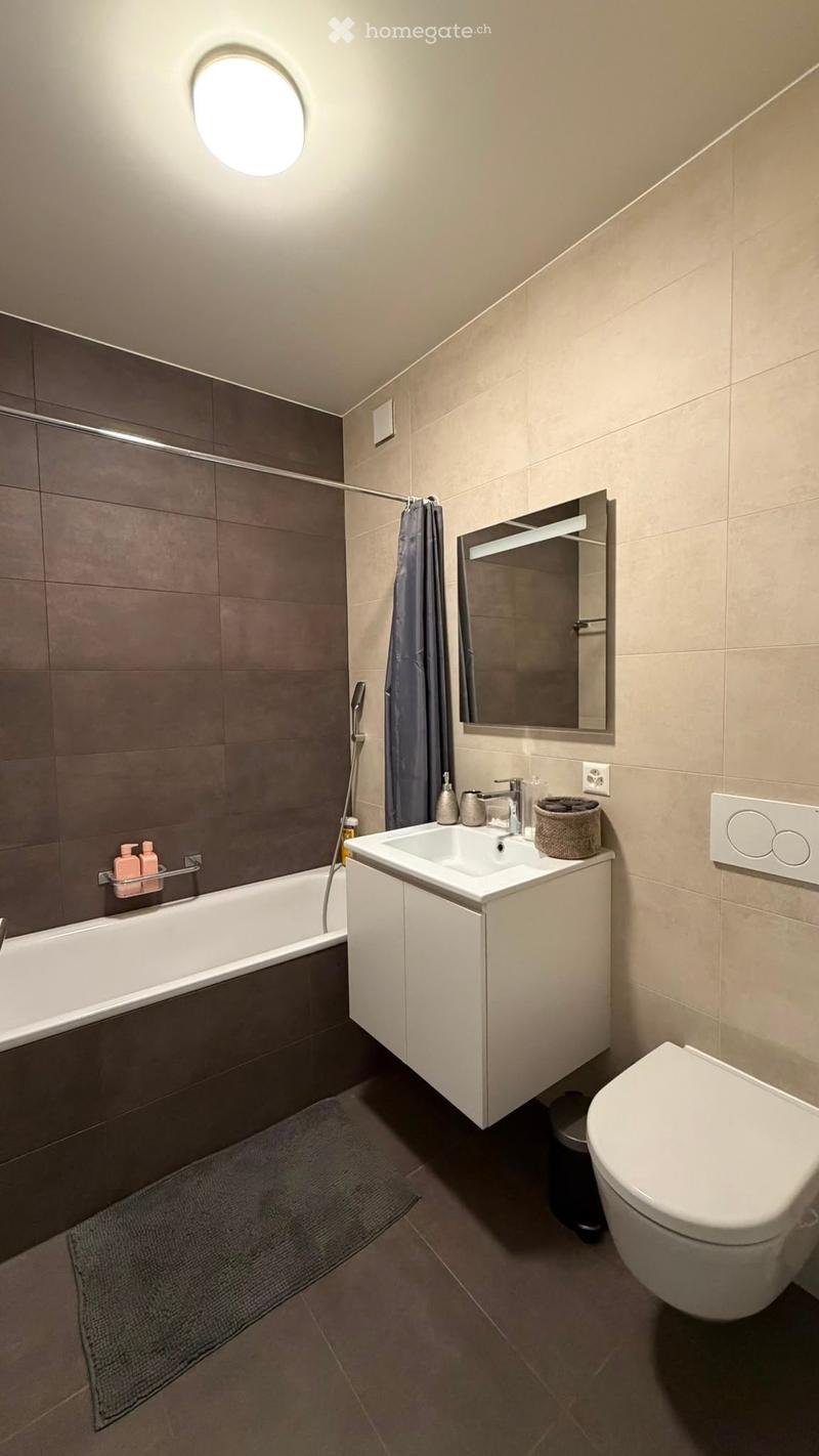 Modern bathroom with a bathtub, sink, toilet, and mirror. Features a shower curtain, a towel, and a soap dispenser on the sink.