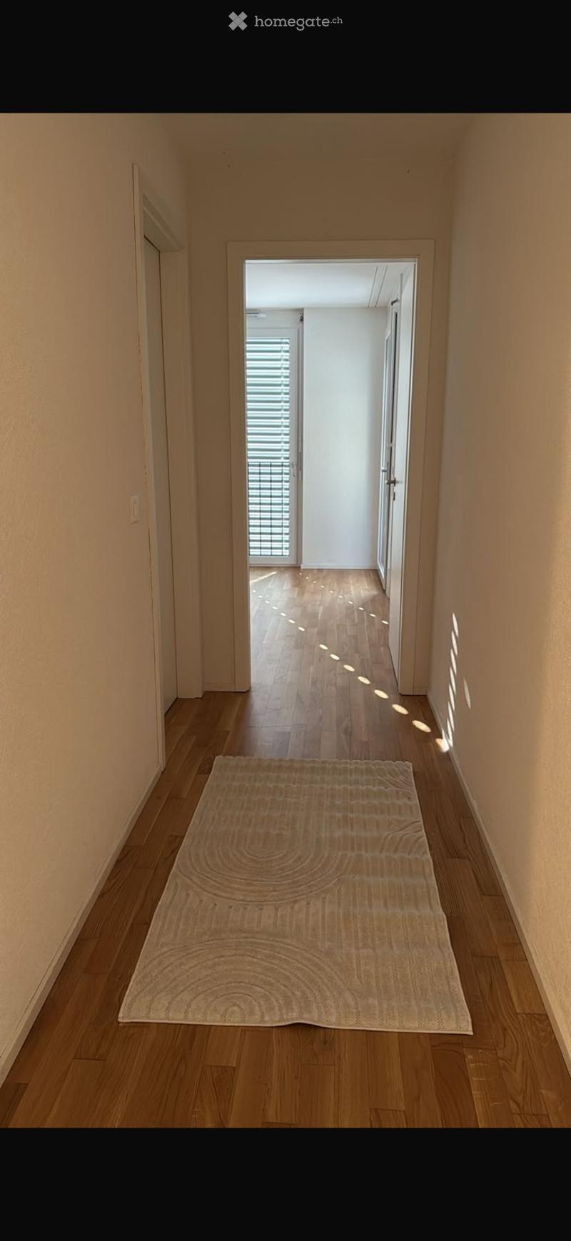 A long, narrow hallway with light wooden flooring and beige walls. A small, patterned rug lies on the floor, and the hallway leads to an open doorway with a view of a room beyond.