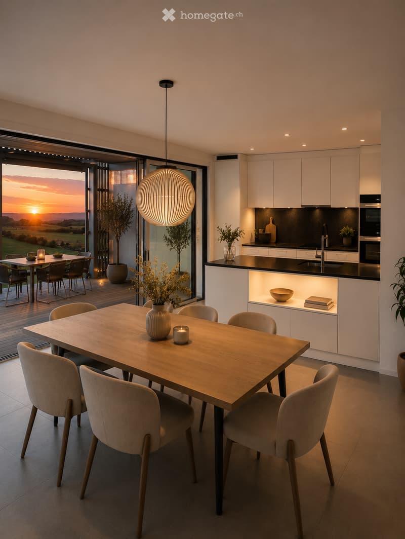 Modern kitchen and dining area with a wooden dining table, six chairs, pendant light, and a kitchen island with built-in cabinets and appliances.