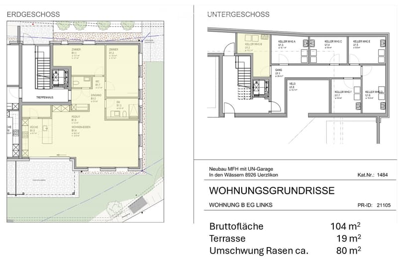 Floor plan of a ground floor and basement level of a multi-family home, showing rooms labeled in German, including living spaces, bedrooms, kitchen, and basement areas.