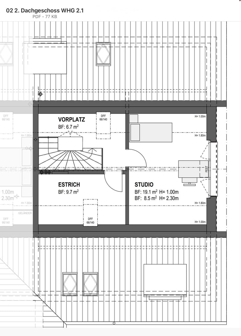 Floor plan of a roof level showing a Vorplatz (entrance area), Estrich (hallway), and Studio. Includes dimensions and height measurements.