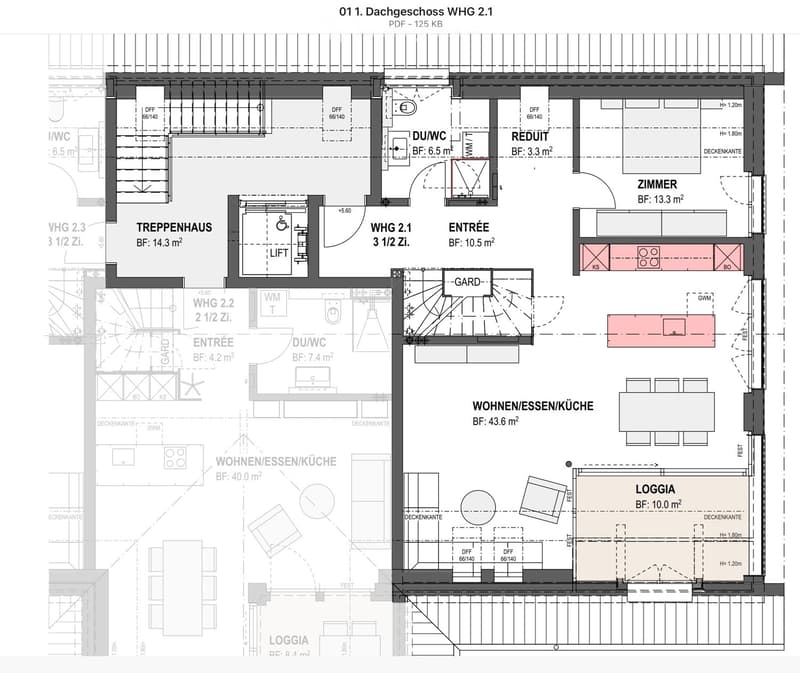 Floor plan of a roof level showing multiple rooms including a living/dining/kitchen area, bedroom, bathroom, entrance, and loggia.