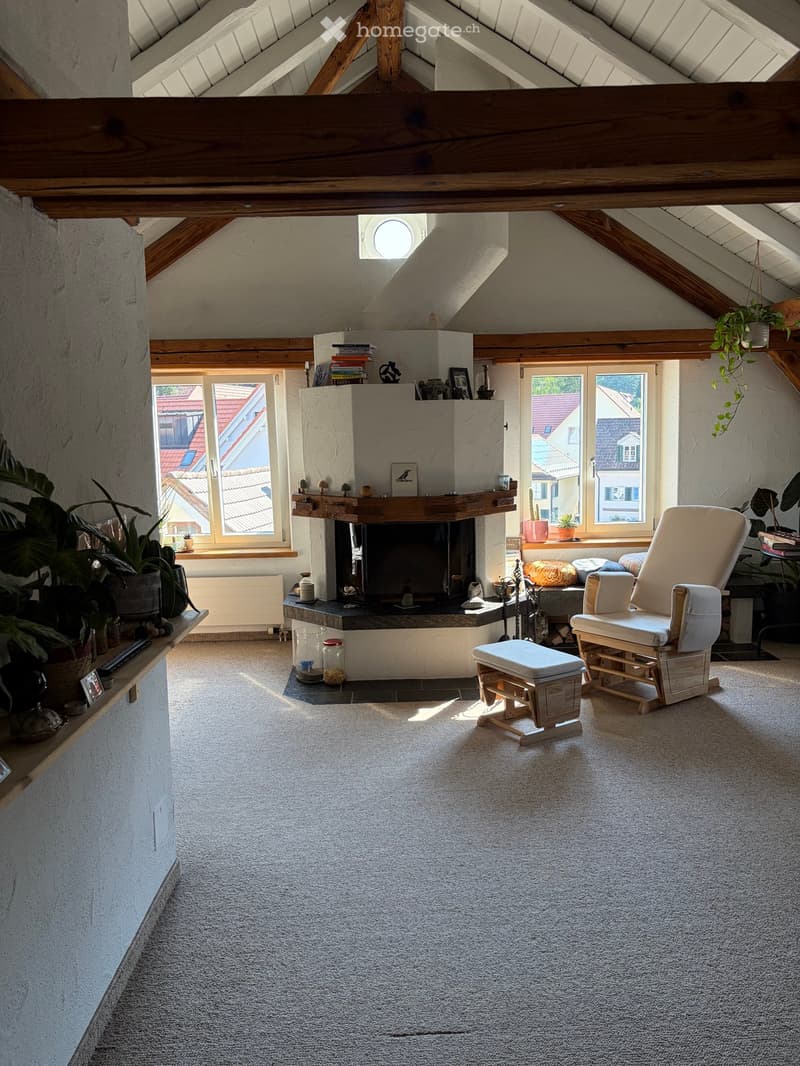 Cozy living room with exposed wooden beams, fireplace, sofa, stool, and potted plants. Large windows provide natural light.