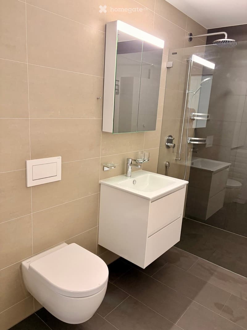Modern bathroom with beige tiled walls, a white toilet, a sink with a mirror cabinet, and a glass-enclosed shower area.