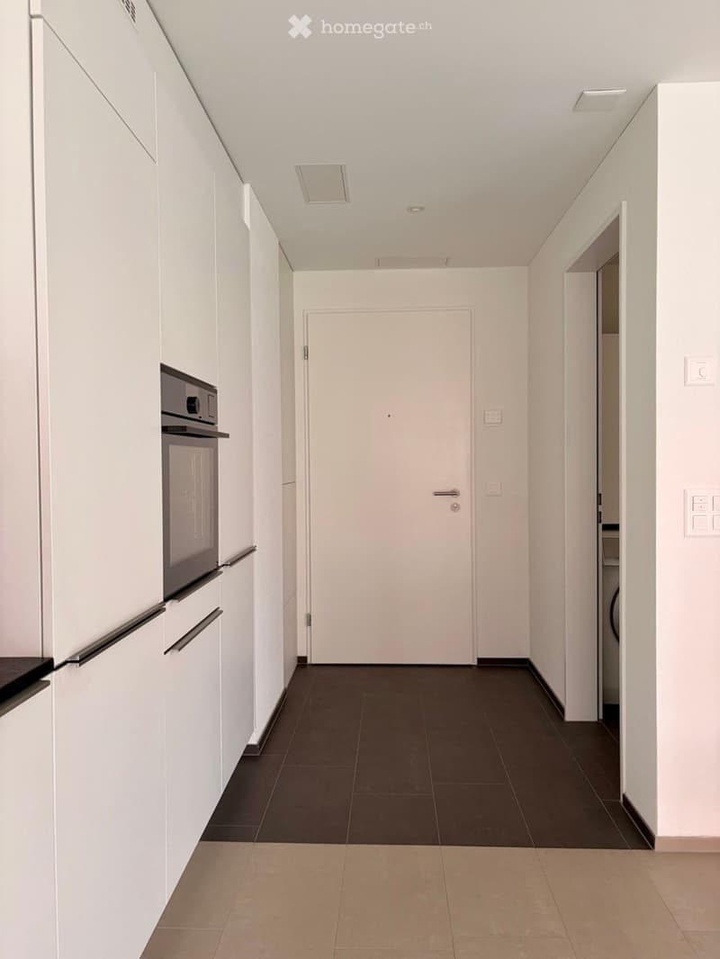 Modern, minimalist hallway with white walls, dark tiled floor, and built-in white cabinets on one side. A closed door is visible at the end of the hallway.