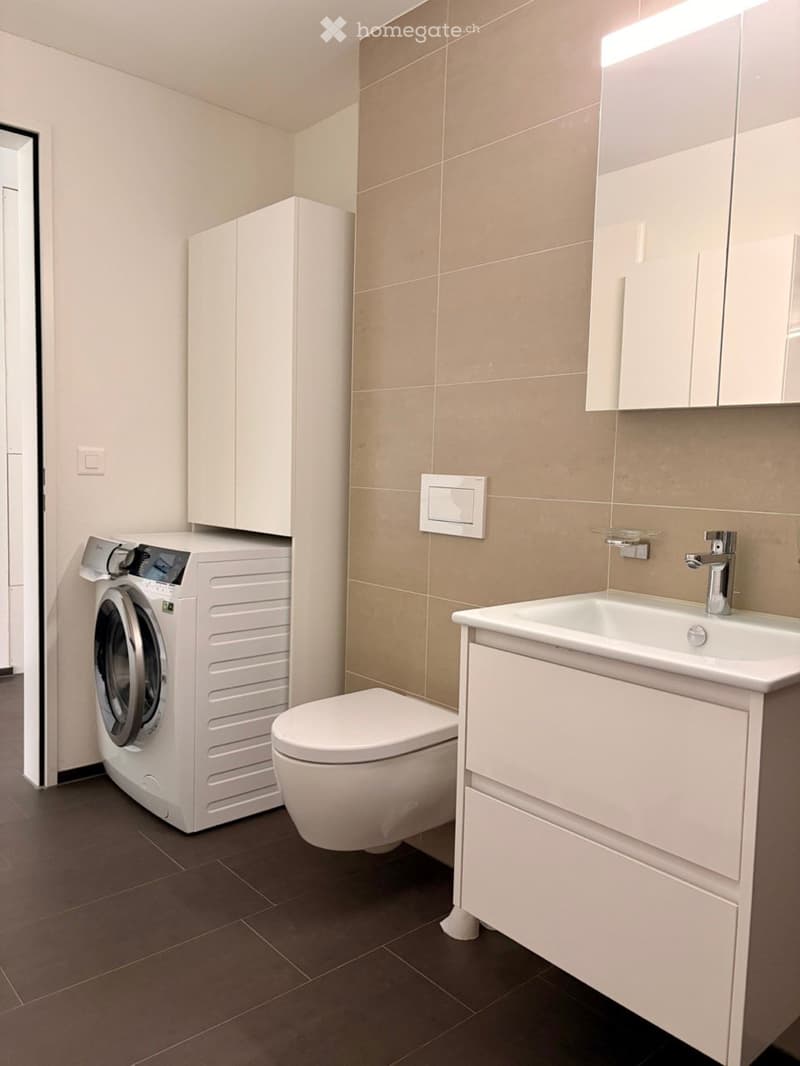 Modern bathroom with beige tiled walls, dark tiled floor, white sink, toilet, washing machine, and mirrored cabinet.