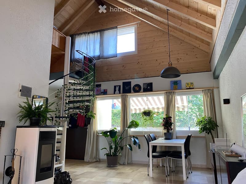 Bright living space with wooden ceiling, large windows, fireplace, dining table with chairs, potted plants, and artwork on the wall.