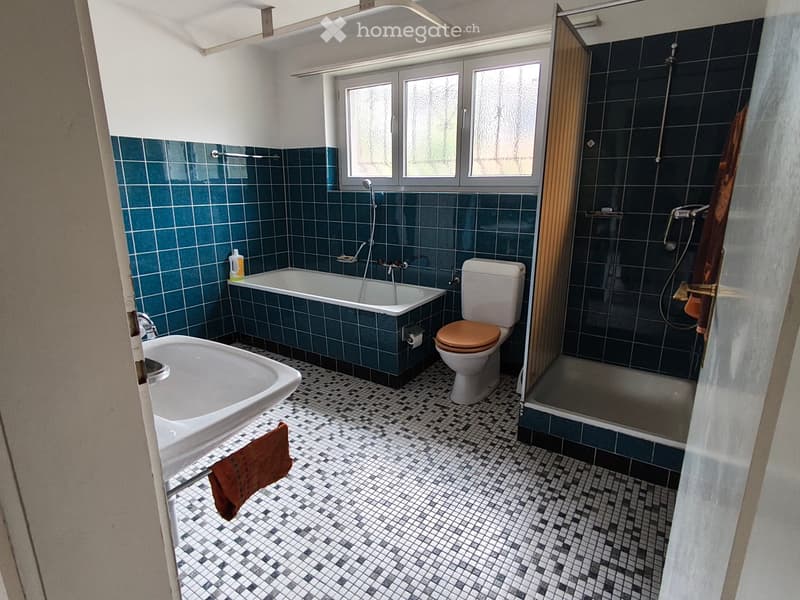 Bathroom with blue tiled walls, a bathtub, toilet, sink, and a shower area. The floor has a black and white checkered tile pattern, and there is a towel hanging on a rack.