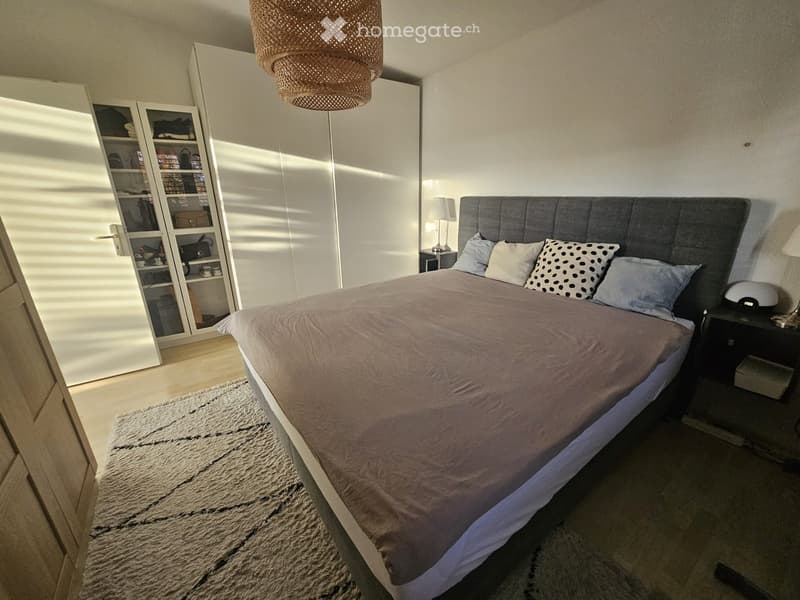Modern bedroom with a large bed, nightstands, a wardrobe, and a hanging woven lamp.