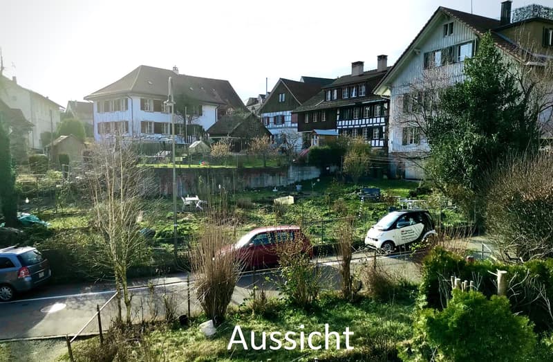 View of a residential neighborhood with multiple houses, parked cars, and greenery.