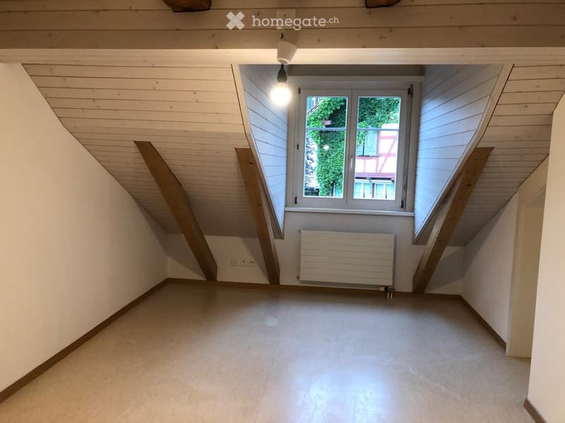 Empty attic space with wooden slanted ceilings, white walls, a single window, and a radiator. The floor is light-colored concrete.
