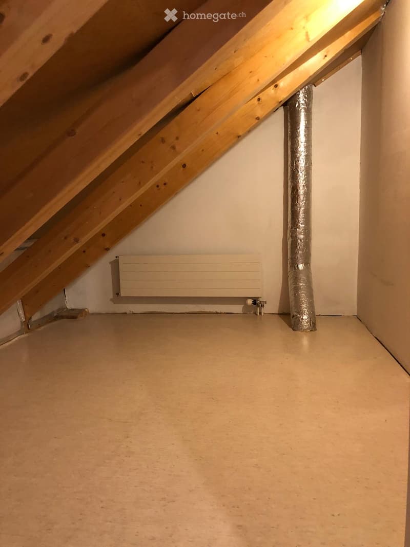 Empty attic space with wooden beams, white walls, and a radiator. No furniture or equipment present.