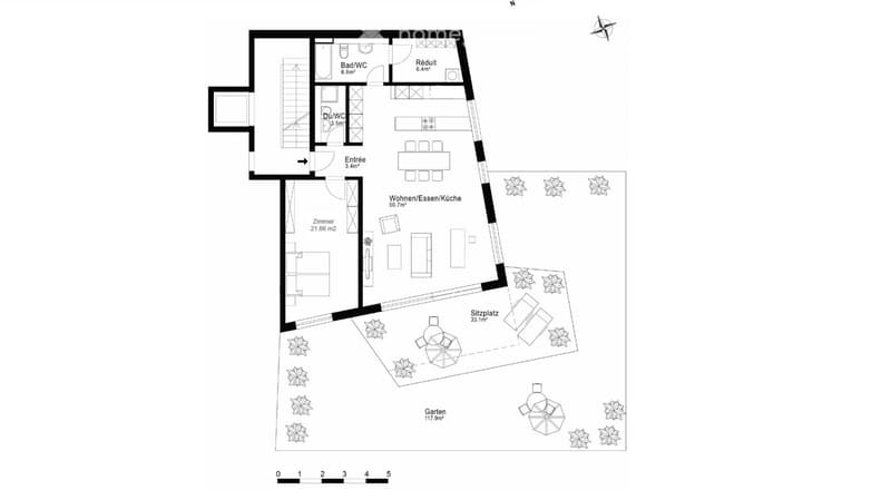 Floor plan of a house with a living/dining/kitchen area, bedroom, two bathrooms, entrance, sitting area, and garden.