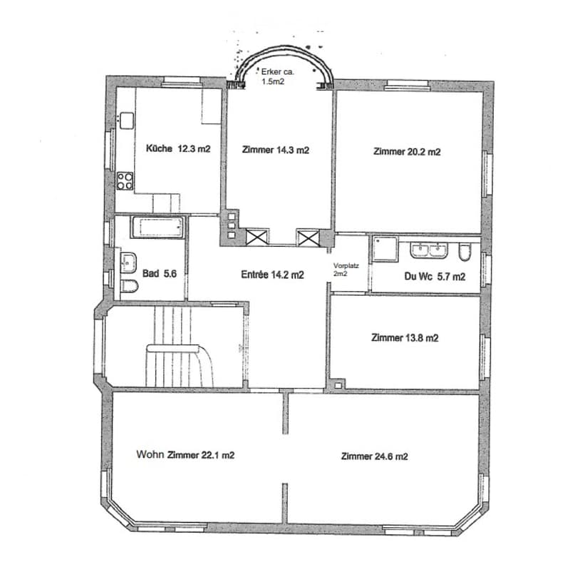 Floor plan of a multi-room apartment with labeled rooms including kitchen, living room, bedrooms, bathrooms, and entrance area.