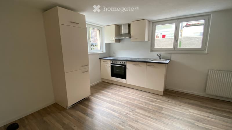 Modern kitchen with light-colored cabinets, a black countertop, and a stainless steel oven. The space features wooden flooring and two windows allowing natural light.