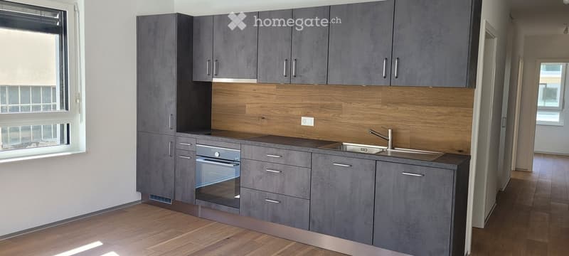 Modern kitchen with grey cabinets, wooden backsplash, stainless steel sink, and built-in oven.