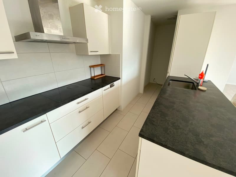 Modern kitchen with white cabinets, black countertops, induction stove, and a dishwasher. Includes a sink with a faucet and a bottle on the counter.