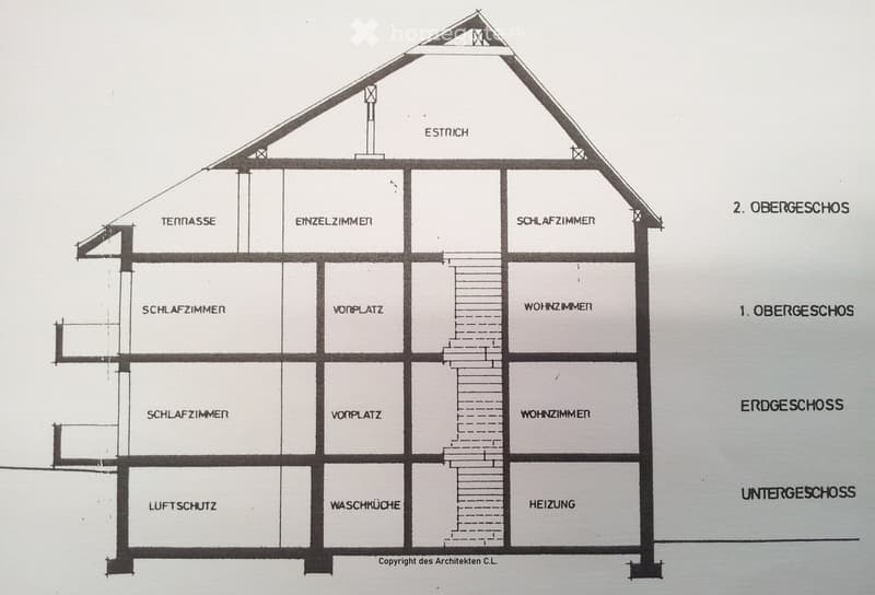 Floor plan of a house with three levels: basement, ground floor, and upper floor. Includes rooms such as bedrooms, living room, washroom, heating room, air-raid shelter, and terrace.