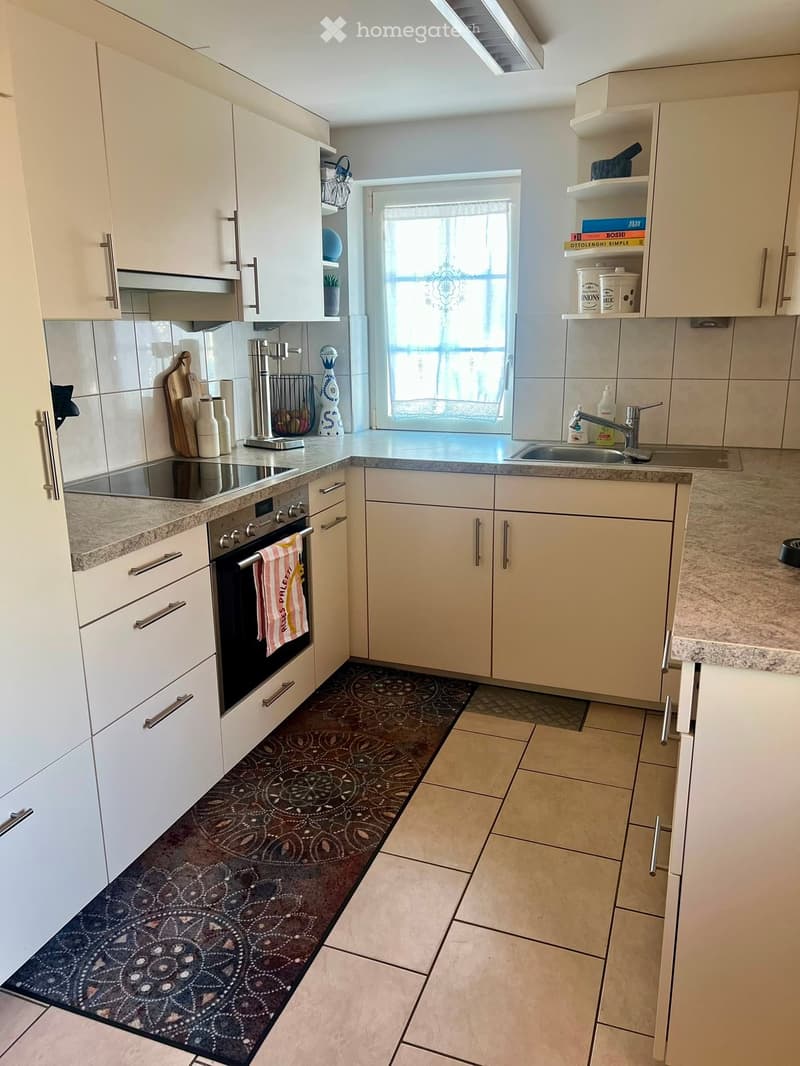 Modern kitchen with white cabinets, granite countertops, and a decorative patterned rug. Features an oven, sink, and various kitchen items on the counters.