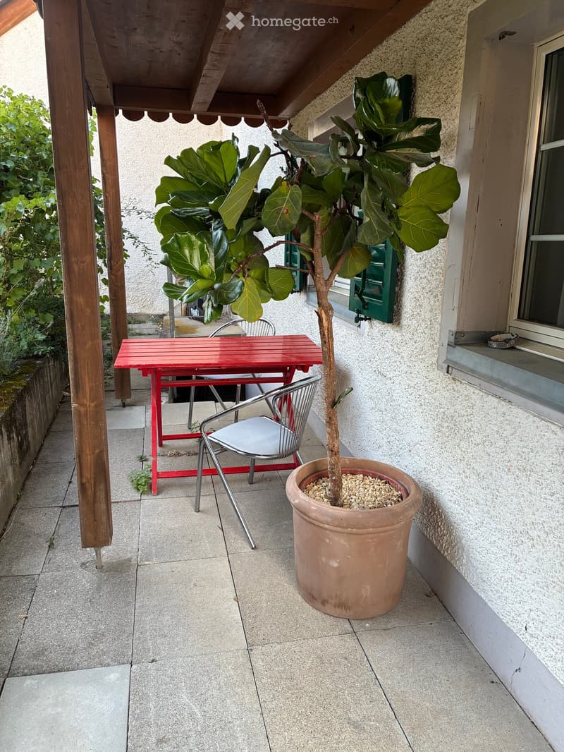 Balcony with a red table, metal chair, and potted plant. Wooden beams and a textured wall are visible.