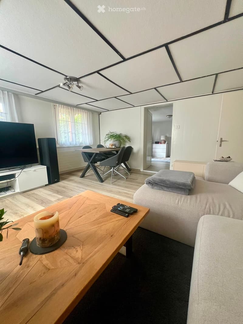 Living room with a grey sofa, wooden coffee table, remote controls, candle, dining area with chairs and table, and a lamp visible in the background.