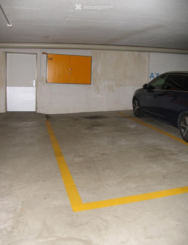 Underground parking area with concrete floor, yellow parking lines, one parked car, and a white door.