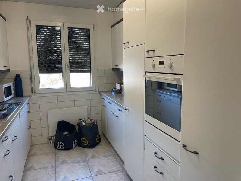 Modern kitchen with white cabinets, stainless steel oven, microwave, and sink. Two trash bags are placed on the floor near the window.