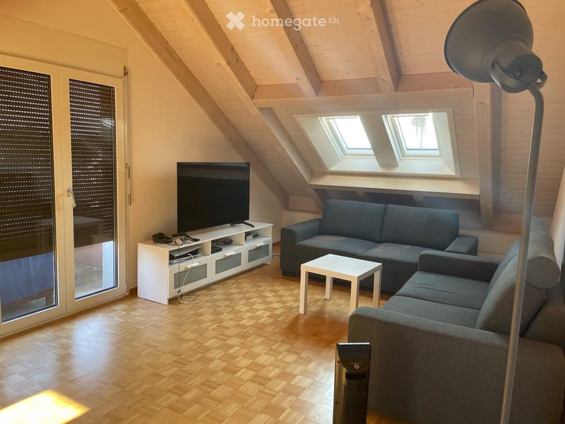 Modern living room with wooden flooring, large windows, and skylights. Features a grey sectional sofa, white coffee table, TV stand with a flat-screen TV, and a tall floor lamp.