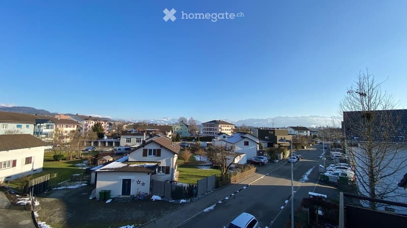 Residential neighborhood with houses, parked cars, and snow-covered ground.