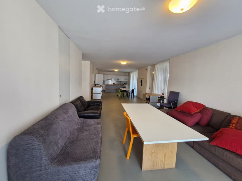 A modern, open-concept living and dining area with a grey sofa, a brown leather sofa, a white dining table with orange chairs, and a small kitchen area with white cabinets and stainless steel appliances.