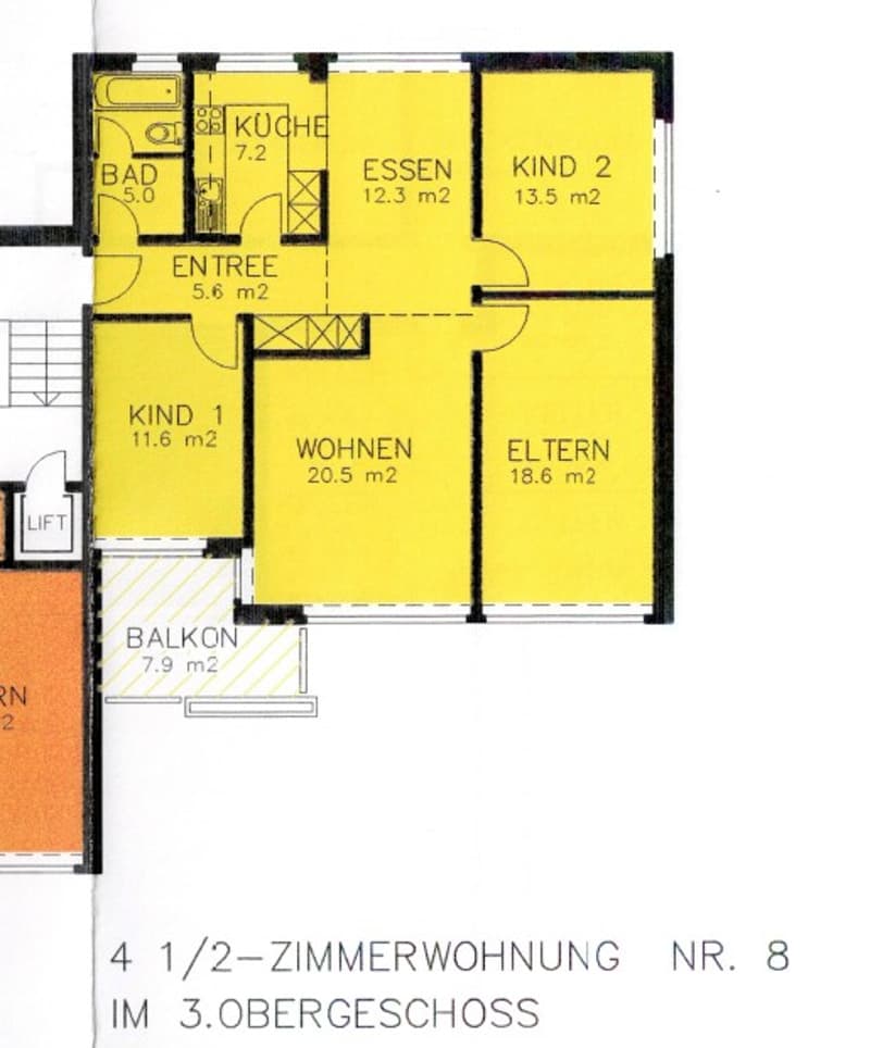 Floor plan of a 3-room apartment with 2 bedrooms, 1 living room, 1 kitchen, 1 bathroom, and a balcony.