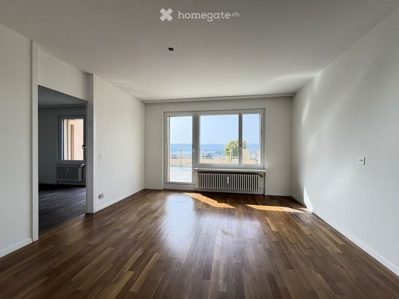 Large room with large window, wooden floor, white walls, empty