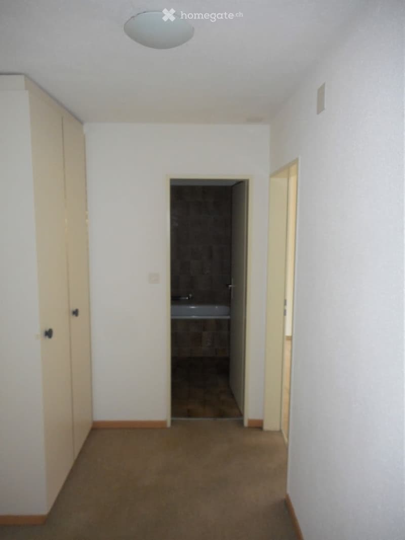 Empty hallway with beige walls, carpeted floor, and a visible bathroom at the end.