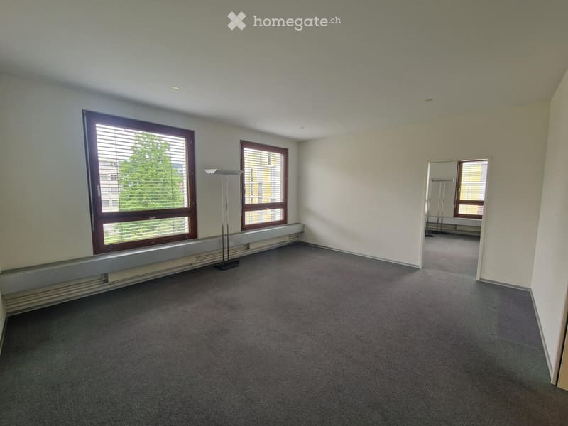 Empty room with carpeted floor, large windows with blinds, radiator, and a floor lamp near the window.