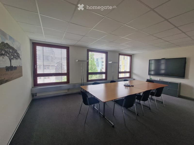 Meeting room with a large wooden table, chairs, a TV screen, and floor lamps. Windows with blinds and a large mural on one wall.