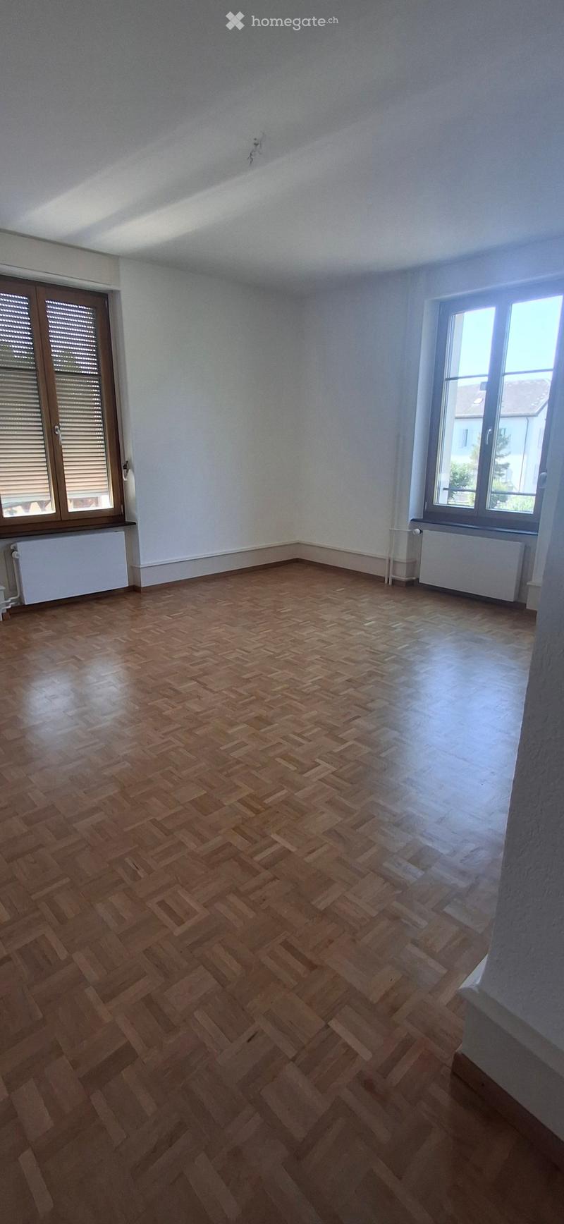 Empty room with wooden herringbone flooring, white walls, and two windows with radiators underneath. No furniture or equipment present.