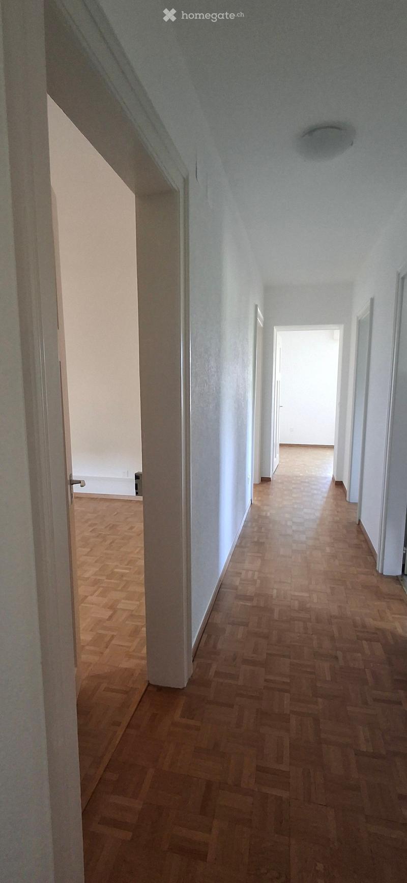 Empty hallway with wooden flooring and white walls, featuring a visible ceiling light fixture and an open doorway at the end.