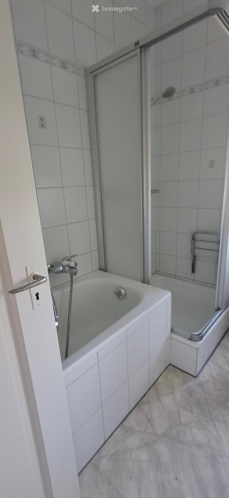 Modern bathroom with a white bathtub, a glass-enclosed shower stall, and a tiled floor.
