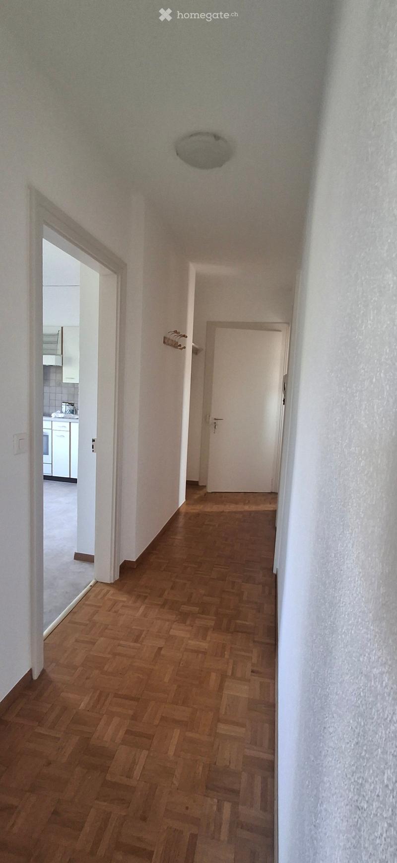 A narrow hallway with wooden herringbone flooring, white walls, and a ceiling light fixture. An open doorway leads to a kitchen area with white cabinets and a countertop.