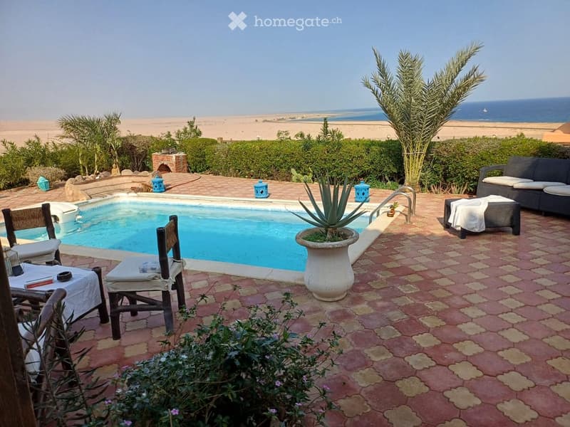 Outdoor area with a swimming pool, surrounded by chairs, a sofa, a table, and potted plants, overlooking the ocean.